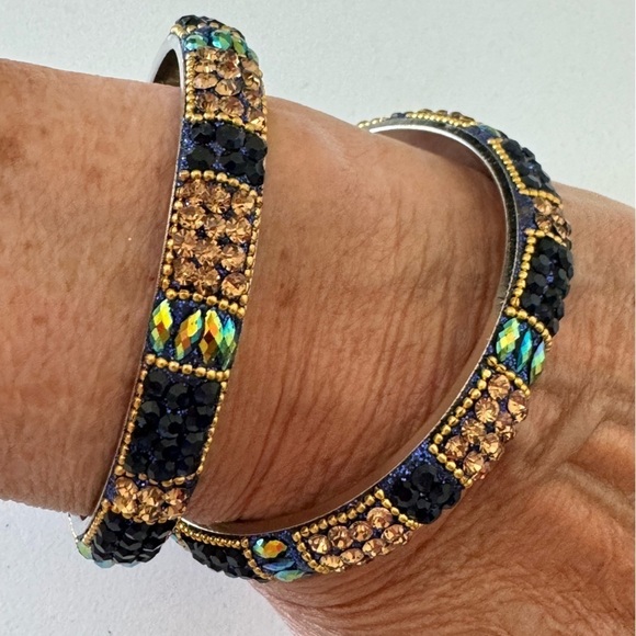 Anthropologie Gold sapphire Blue Crystal Rhinestone Beaded Boho Bangle Bracelets - Picture 1 of 11
